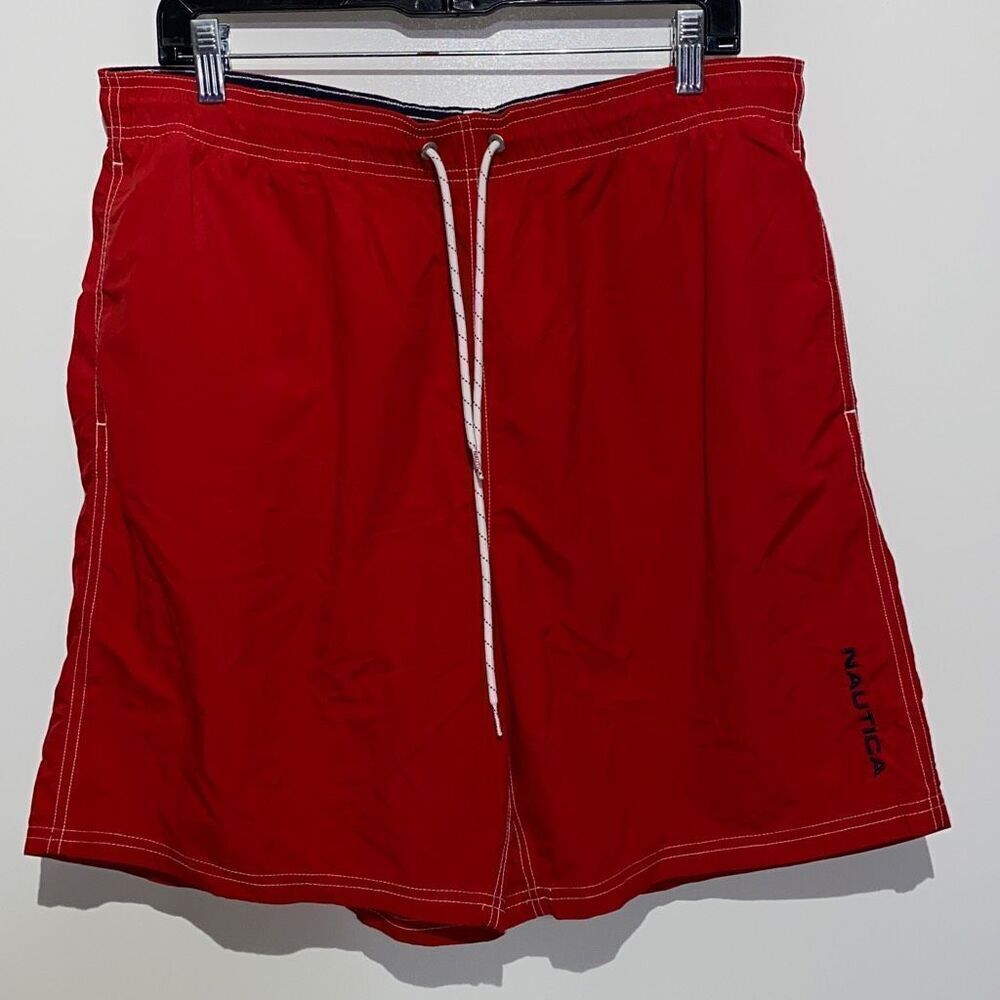 Nautica Mens Red Swim Trunks Drawstring Elastic Waist Board Shorts Logo